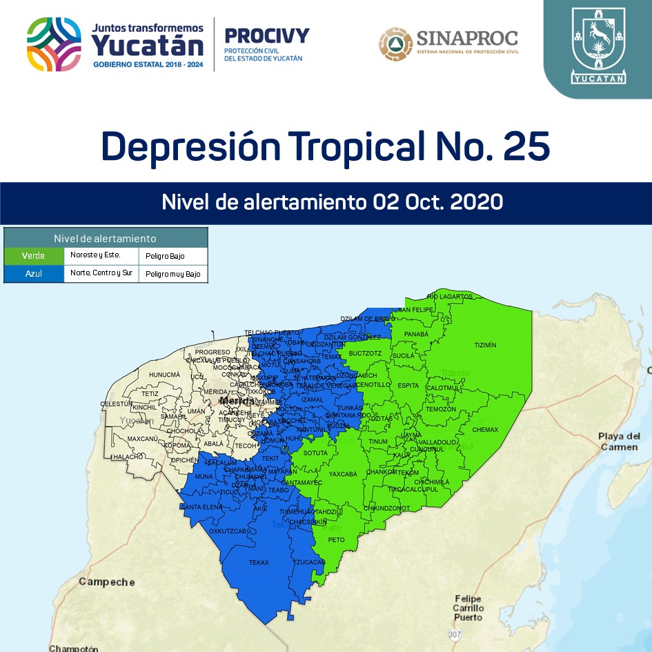 Procivy decreta Alertas en Yucatán por depresión tropical 25